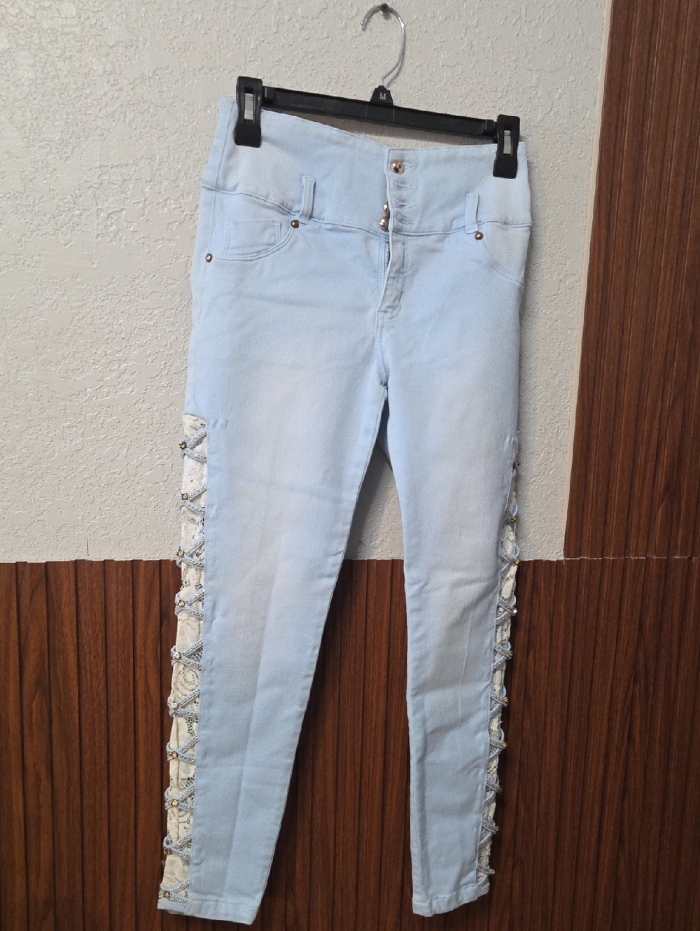 Light Blue Lace-Up Side Push Up Skinny Jeans Curvy Fit Stretch.sz 8 [0048]